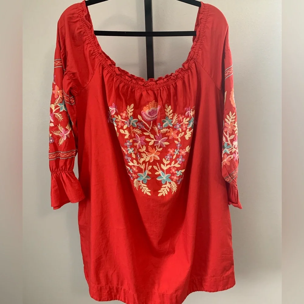 Free People Embroidered Off-Shoulder Red Peasant Tunic/Dress